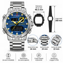 Naviforce Reloj Plateado Analógico y Digital de Hombre con Esfera Azul Ø46.5 mm, Correa de Acero Inoxidable, Cristal Mineral Endurecido y Resistencia al Agua 3 ATM