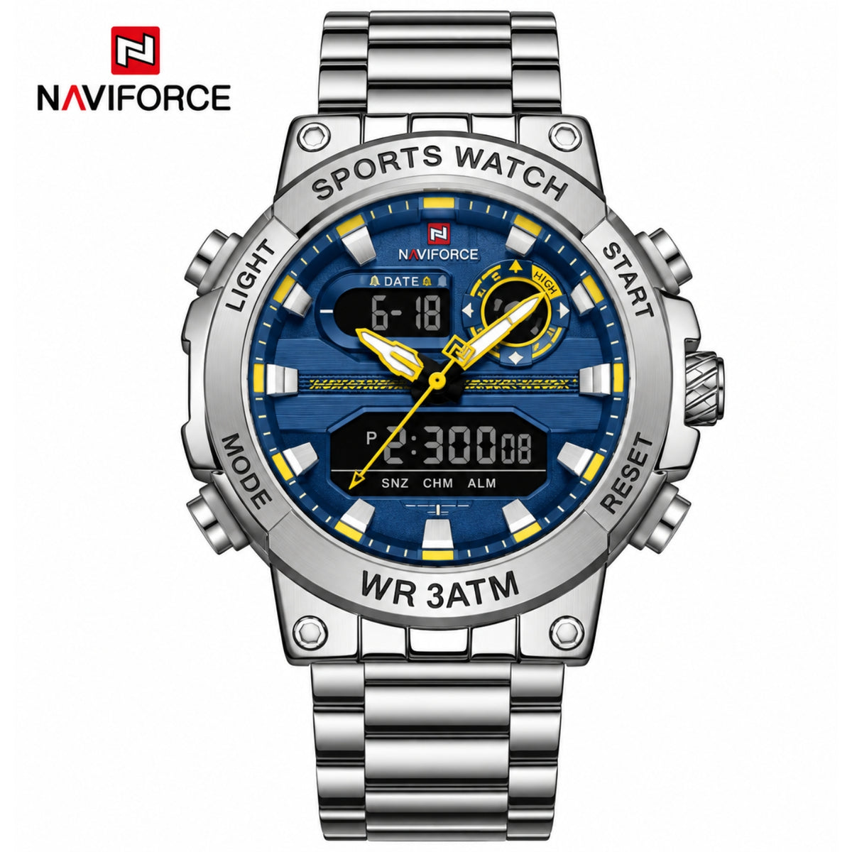 Naviforce Reloj Plateado Analógico y Digital de Hombre con Esfera Azul Ø46.5 mm, Correa de Acero Inoxidable, Cristal Mineral Endurecido y Resistencia al Agua 3 ATM