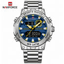 Naviforce Reloj Plateado Analógico y Digital de Hombre con Esfera Azul Ø46.5 mm, Correa de Acero Inoxidable, Cristal Mineral Endurecido y Resistencia al Agua 3 ATM