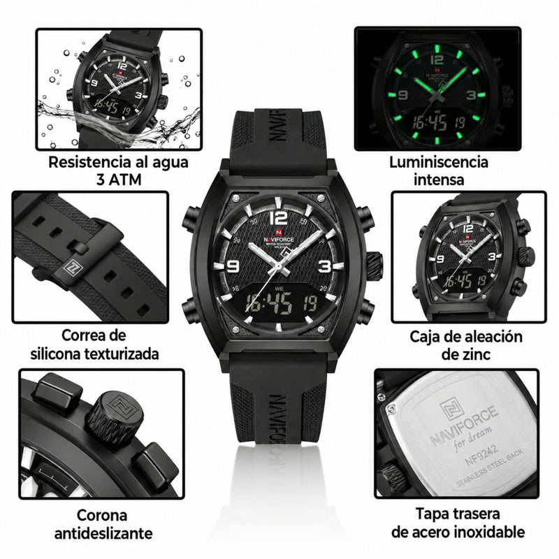 Naviforce Reloj Analógico y Digital para Hombre, Esfera Negra Ø43 mm, Correa de Silicona, Cristal Mineral Endurecido y Resistencia al Agua 3 ATM