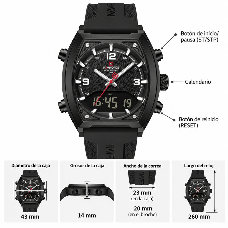 Naviforce Reloj Analógico y Digital para Hombre, Esfera Negra Ø43 mm, Correa de Silicona, Cristal Mineral Endurecido y Resistencia al Agua 3 ATM