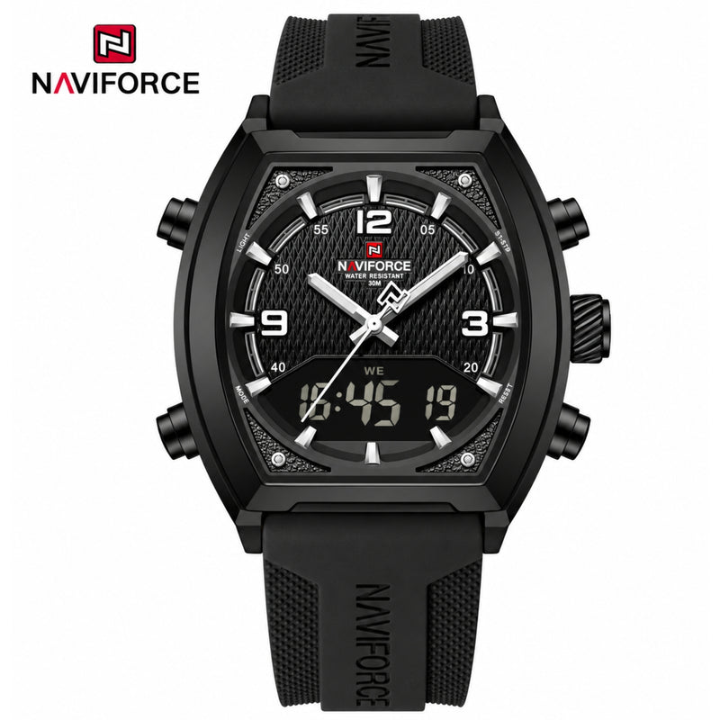 Naviforce Reloj Analógico y Digital para Hombre, Esfera Negra Ø43 mm, Correa de Silicona, Cristal Mineral Endurecido y Resistencia al Agua 3 ATM