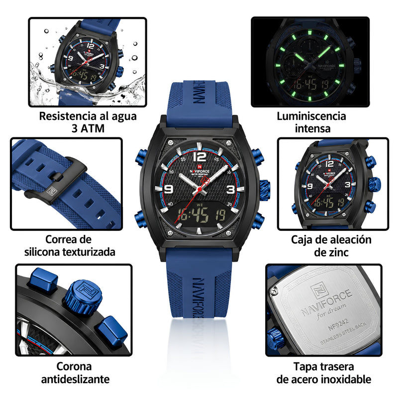 Naviforce Reloj Analógico y Digital de Hombre con Esfera Negra Ø43 mm, Correa de Silicona Azul Oscuro, Cristal Mineral Endurecido y Resistencia al Agua 3 ATM