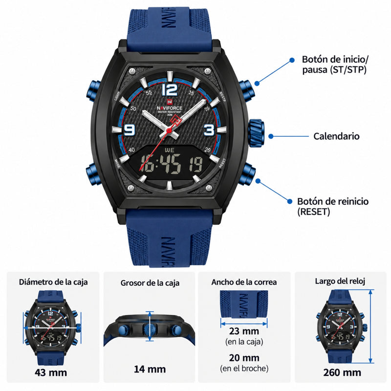 Naviforce Reloj Analógico y Digital de Hombre con Esfera Negra Ø43 mm, Correa de Silicona Azul Oscuro, Cristal Mineral Endurecido y Resistencia al Agua 3 ATM