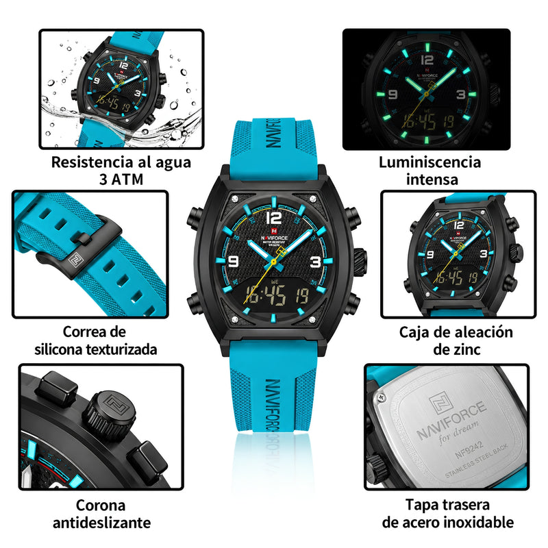 Naviforce Reloj Analógico y Digital de Hombre con Esfera Negra Ø43 mm, Correa de Silicona Turquesa, Cristal Mineral Endurecido y Resistencia al Agua 3 ATM