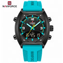 Naviforce Reloj Analógico y Digital de Hombre con Esfera Negra Ø43 mm, Correa de Silicona Turquesa, Cristal Mineral Endurecido y Resistencia al Agua 3 ATM