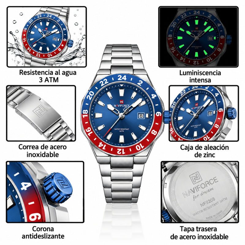 Naviforce Reloj de Cuarzo Azul y Rojo 3 ATM con Calendario, Correa de Acero Inoxidable y Diámetro de 42mm.