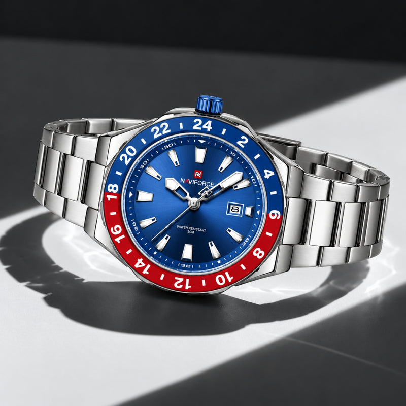 Naviforce Reloj de Cuarzo Azul y Rojo 3 ATM con Calendario, Correa de Acero Inoxidable y Diámetro de 42mm.