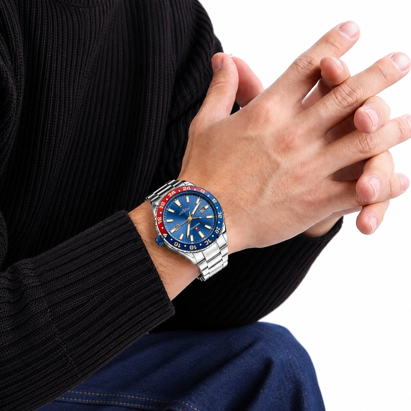Naviforce Reloj de Cuarzo Azul y Rojo 3 ATM con Calendario, Correa de Acero Inoxidable y Diámetro de 42mm.