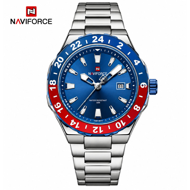 Naviforce Reloj de Cuarzo Azul y Rojo 3 ATM con Calendario, Correa de Acero Inoxidable y Diámetro de 42mm.