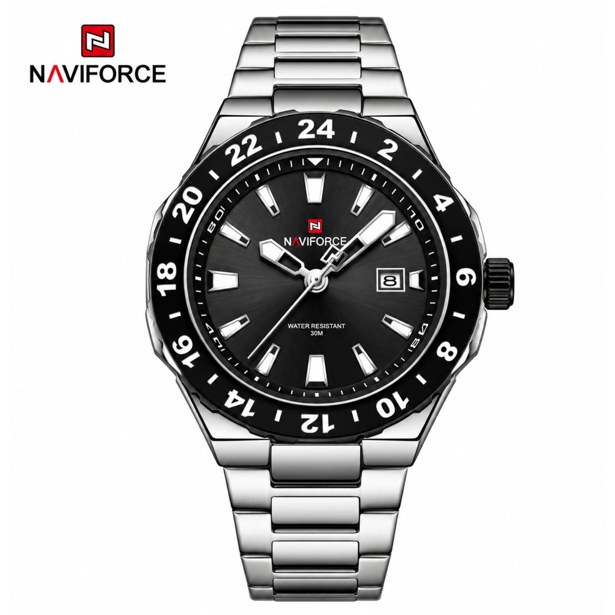 Naviforce Reloj de Cuarzo Negro y Plateado 3 ATM con Calendario, Correa de Acero Inoxidable y Diámetro de 42mm.