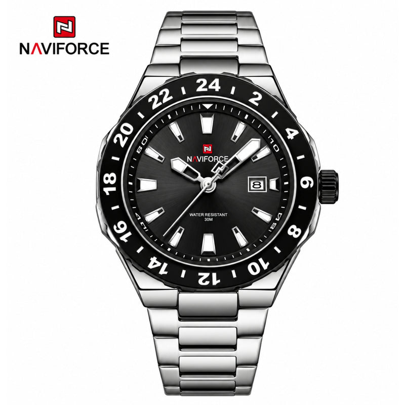 Naviforce Reloj de Cuarzo Negro y Plateado 3 ATM con Calendario, Correa de Acero Inoxidable y Diámetro de 42mm.