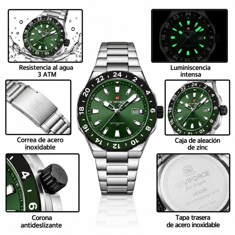 Naviforce Reloj de Cuarzo Verde y Plateado 3 ATM con Calendario, Correa de Acero Inoxidable y Diámetro de 42mm.