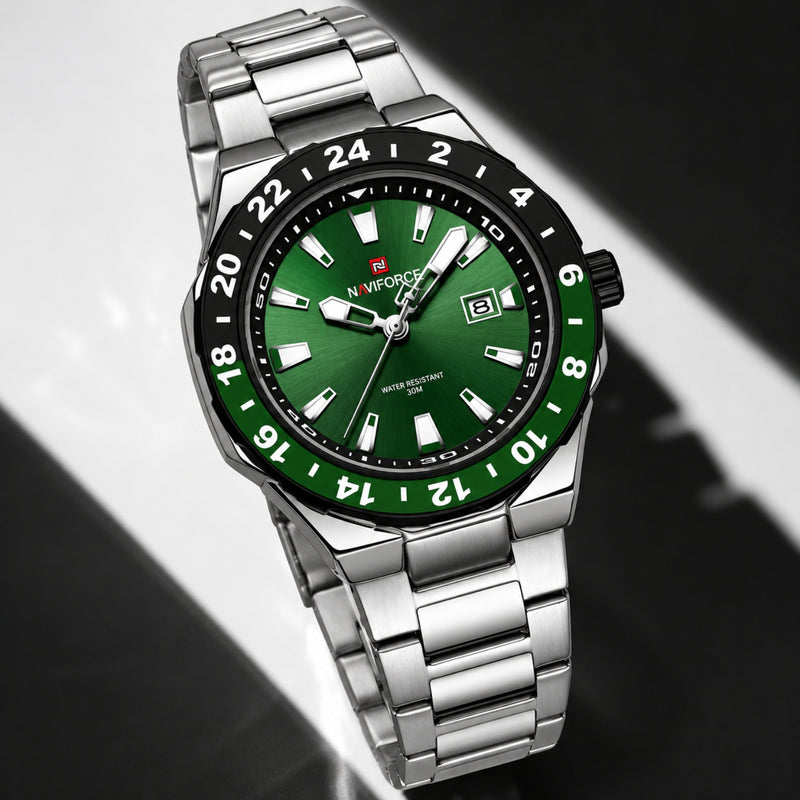Naviforce Reloj de Cuarzo Verde y Plateado 3 ATM con Calendario, Correa de Acero Inoxidable y Diámetro de 42mm.