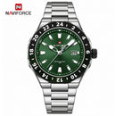Naviforce Reloj de Cuarzo Verde y Plateado 3 ATM con Calendario, Correa de Acero Inoxidable y Diámetro de 42mm.