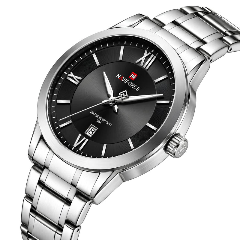 Naviforce Reloj de Cuarzo Negro con Calendario, Correa de Acero Inoxidable, Diámetro de 40 mm y Resistencia al Agua 3 ATM.