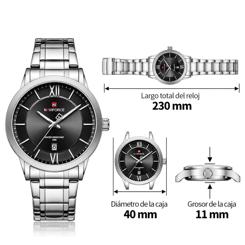 Naviforce Reloj de Cuarzo Negro con Calendario, Correa de Acero Inoxidable, Diámetro de 40 mm y Resistencia al Agua 3 ATM.