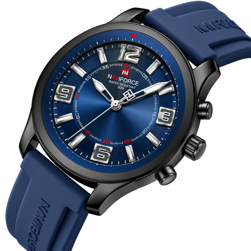 Naviforce Reloj de Cuarzo Azul y Negro 3 ATM con Cristal Mineral Endurecido, Correa de Silicona y Diámetro de 45mm.