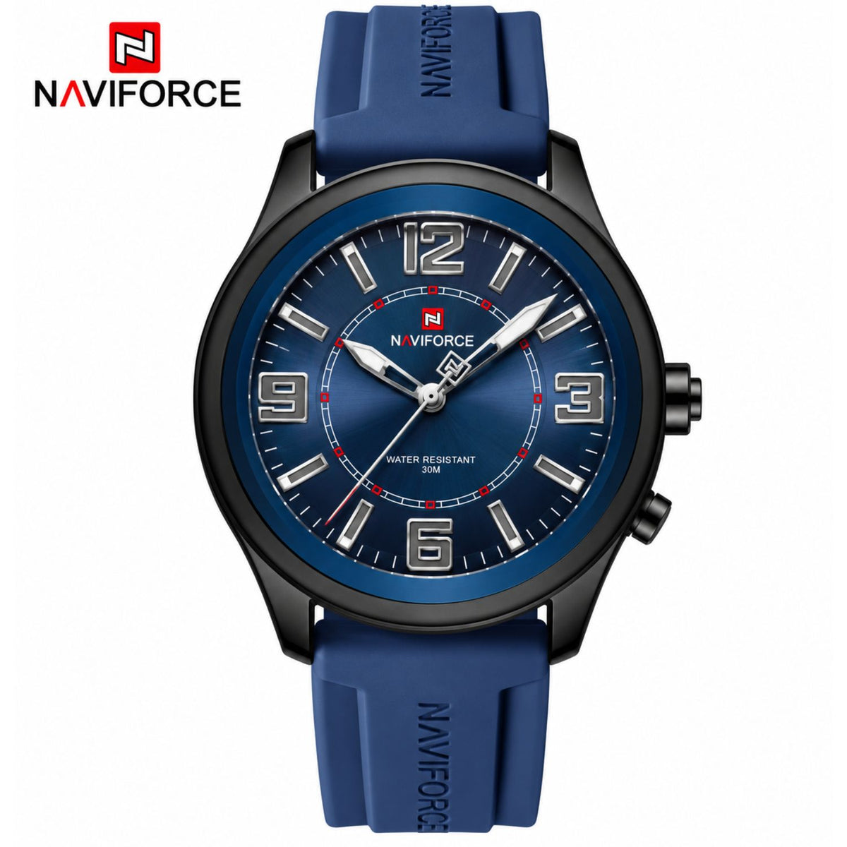 Naviforce Reloj de Cuarzo Azul y Negro 3 ATM con Cristal Mineral Endurecido, Correa de Silicona y Diámetro de 45mm.