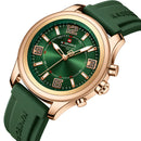 Naviforce Reloj de Cuarzo Verde y Oro Rosa 3 ATM con Cristal Mineral Endurecido, Correa de Silicona y Diámetro de 45mm.