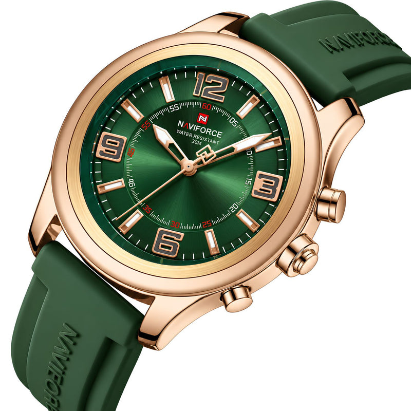 Naviforce Reloj de Cuarzo Verde y Oro Rosa 3 ATM con Cristal Mineral Endurecido, Correa de Silicona y Diámetro de 45mm.