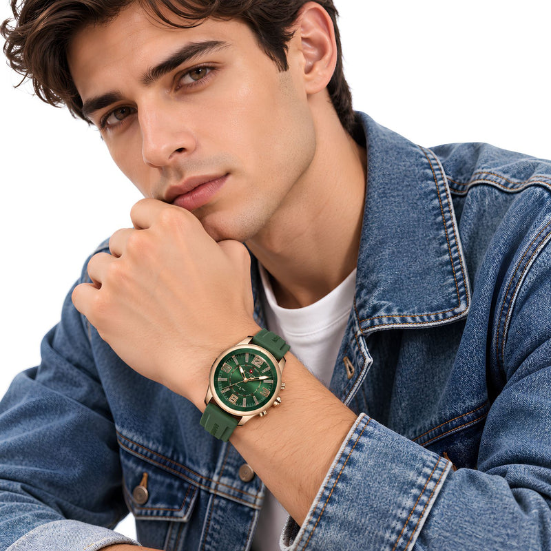 Naviforce Reloj de Cuarzo Verde y Oro Rosa 3 ATM con Cristal Mineral Endurecido, Correa de Silicona y Diámetro de 45mm.