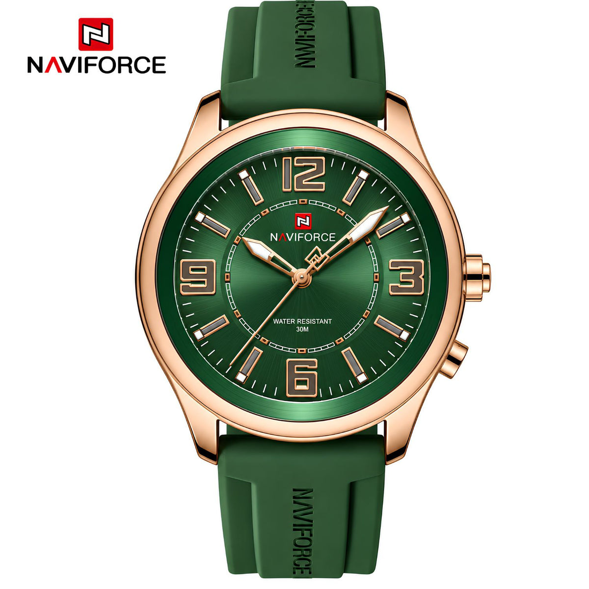 Naviforce Reloj de Cuarzo Verde y Oro Rosa 3 ATM con Cristal Mineral Endurecido, Correa de Silicona y Diámetro de 45mm.