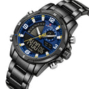 Naviforce Reloj Analógico y Digital Negro y Azul 3 ATM con Pantalla LCD, Correa de Acero Inoxidable y Diámetro de 44mm.
