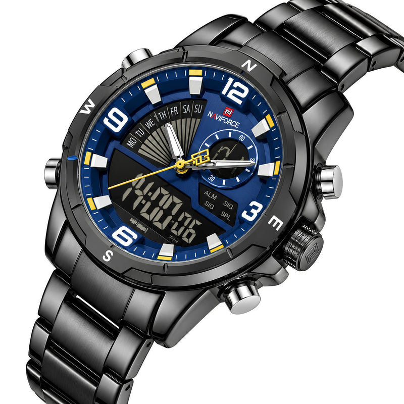 Naviforce Reloj Analógico y Digital Negro y Azul 3 ATM con Pantalla LCD, Correa de Acero Inoxidable y Diámetro de 44mm.