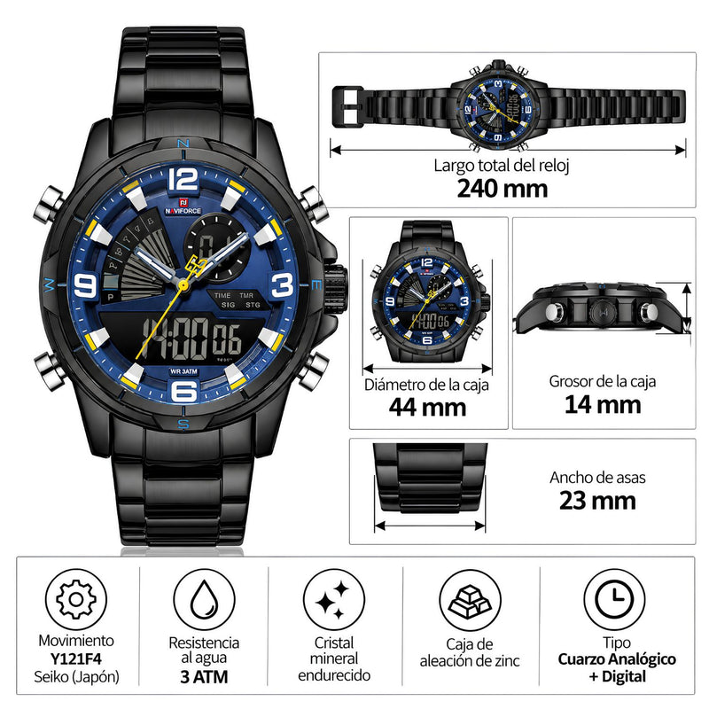 Naviforce Reloj Analógico y Digital Negro y Azul 3 ATM con Pantalla LCD, Correa de Acero Inoxidable y Diámetro de 44mm.