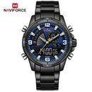 Naviforce Reloj Analógico y Digital Negro y Azul 3 ATM con Pantalla LCD, Correa de Acero Inoxidable y Diámetro de 44mm.