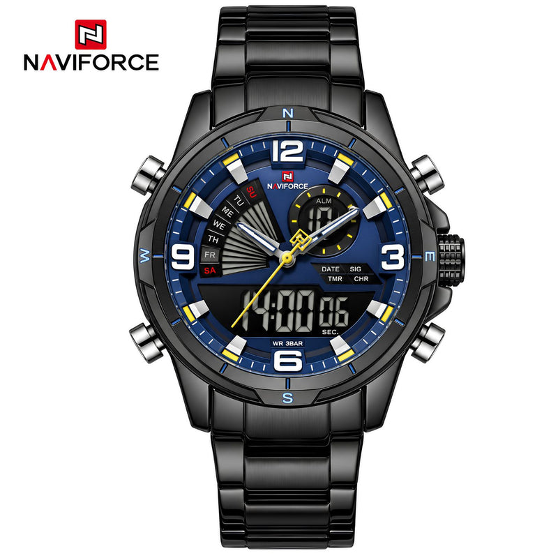 Naviforce Reloj Analógico y Digital Negro y Azul 3 ATM con Pantalla LCD, Correa de Acero Inoxidable y Diámetro de 44mm.