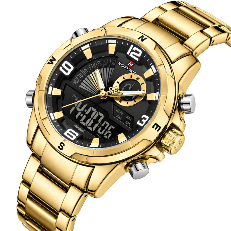 Naviforce Reloj Analógico y Digital Negro y Dorado 3 ATM con Pantalla LCD, Correa de Acero Inoxidable y Diámetro de 44mm.