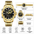 Naviforce Reloj Analógico y Digital Negro y Dorado 3 ATM con Pantalla LCD, Correa de Acero Inoxidable y Diámetro de 44mm.