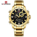 Naviforce Reloj Analógico y Digital Negro y Dorado 3 ATM con Pantalla LCD, Correa de Acero Inoxidable y Diámetro de 44mm.