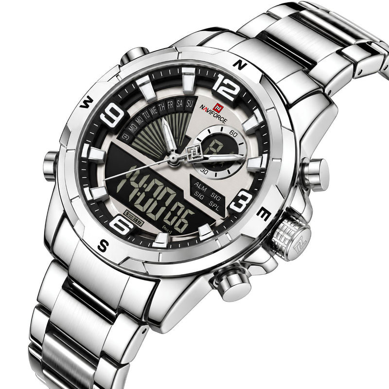 Naviforce Reloj Analógico y Digital Negro y Gris 3 ATM con Pantalla LCD, Correa de Acero Inoxidable, Diámetro de 44mm.