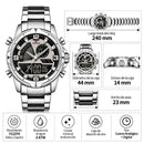 Naviforce Reloj Analógico y Digital Negro y Gris 3 ATM con Pantalla LCD, Correa de Acero Inoxidable, Diámetro de 44mm.