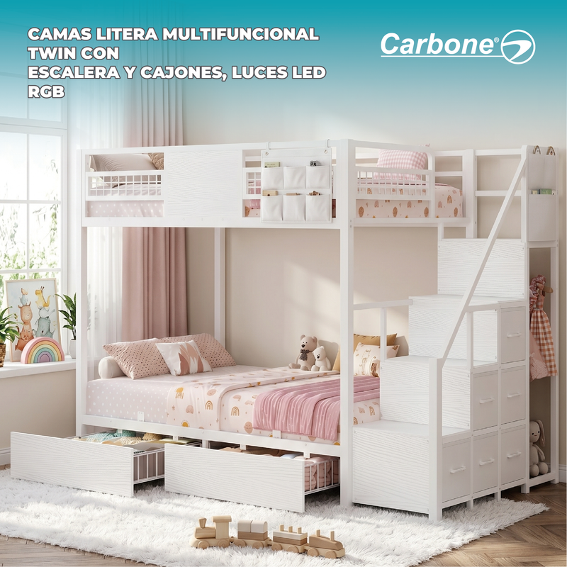 Camarote Litera Multifuncional Twin con Escalera y Cajones, Luces LED RGB Integradas. Camas Doble con Barandales de Seguridad y Almacenamiento. Color Blanco
