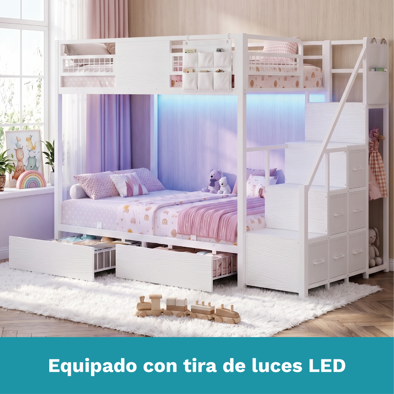 Camarote Litera Multifuncional Twin con Escalera y Cajones, Luces LED RGB Integradas. Camas Doble con Barandales de Seguridad y Almacenamiento. Color Blanco