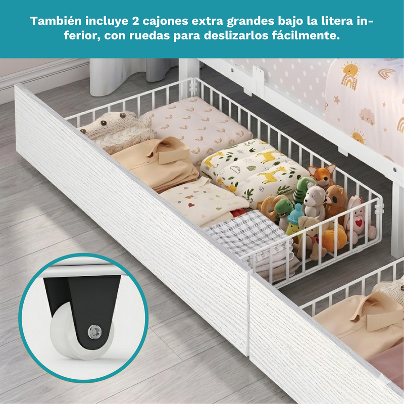 Camarote Litera Multifuncional Twin con Escalera y Cajones, Luces LED RGB Integradas. Camas Doble con Barandales de Seguridad y Almacenamiento. Color Blanco