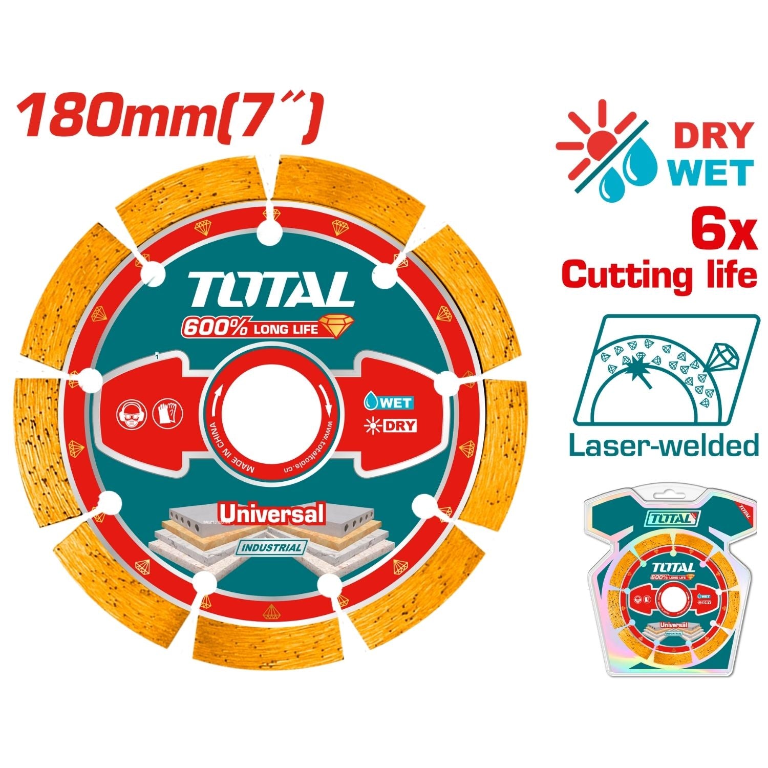 Disco de diamante para mármol y granito 7" Ancho de la hoja 10mm.  Corte seco y húmedo.