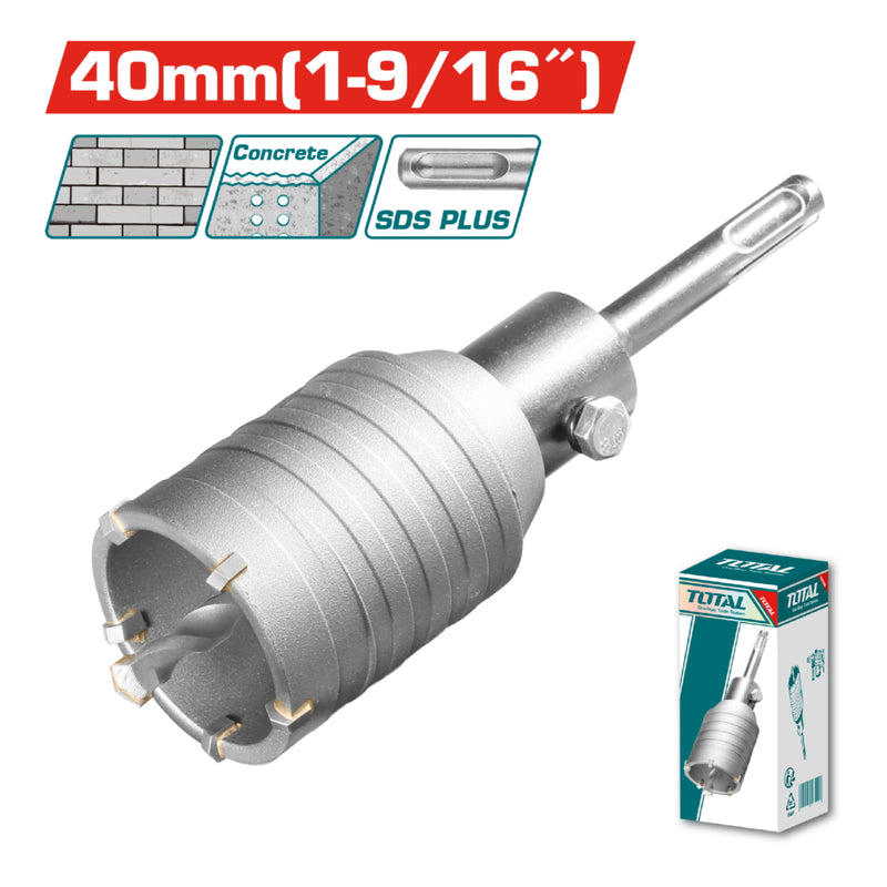 Broca Copa para Concreto 40mm (1-97 16")  SDS Plus con 5 Dientes TCT Adaptador y Mecha Guía. Broca Corona