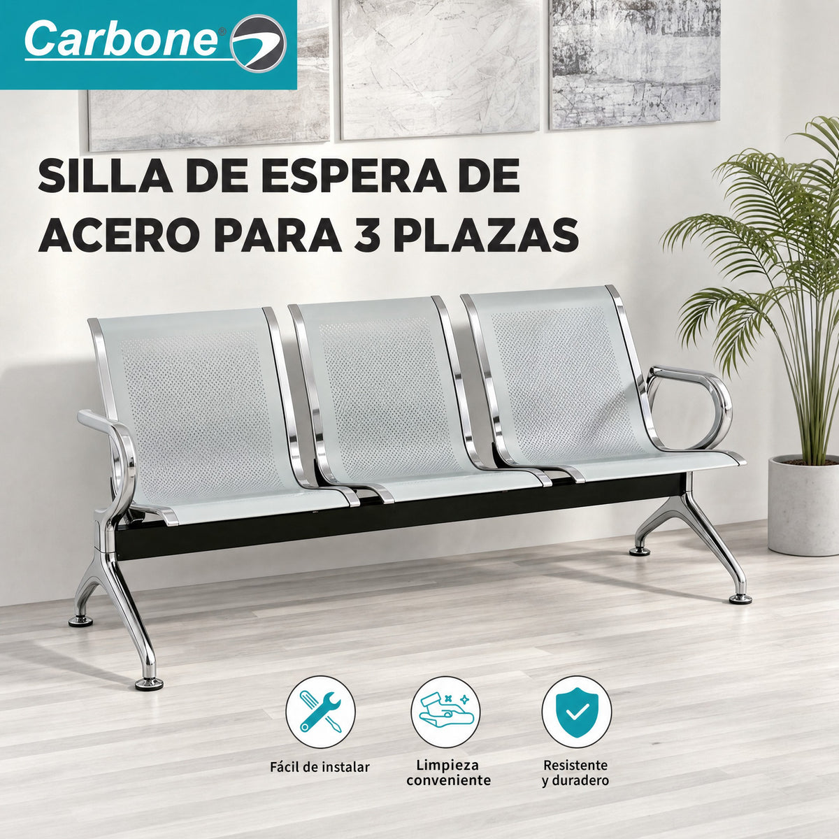 Silla de espera de acero 3 puestos. Banca Metálica  con Respaldo para Recepciones Consultorios y Salas de Espera.  175 × 63 × 75cm.