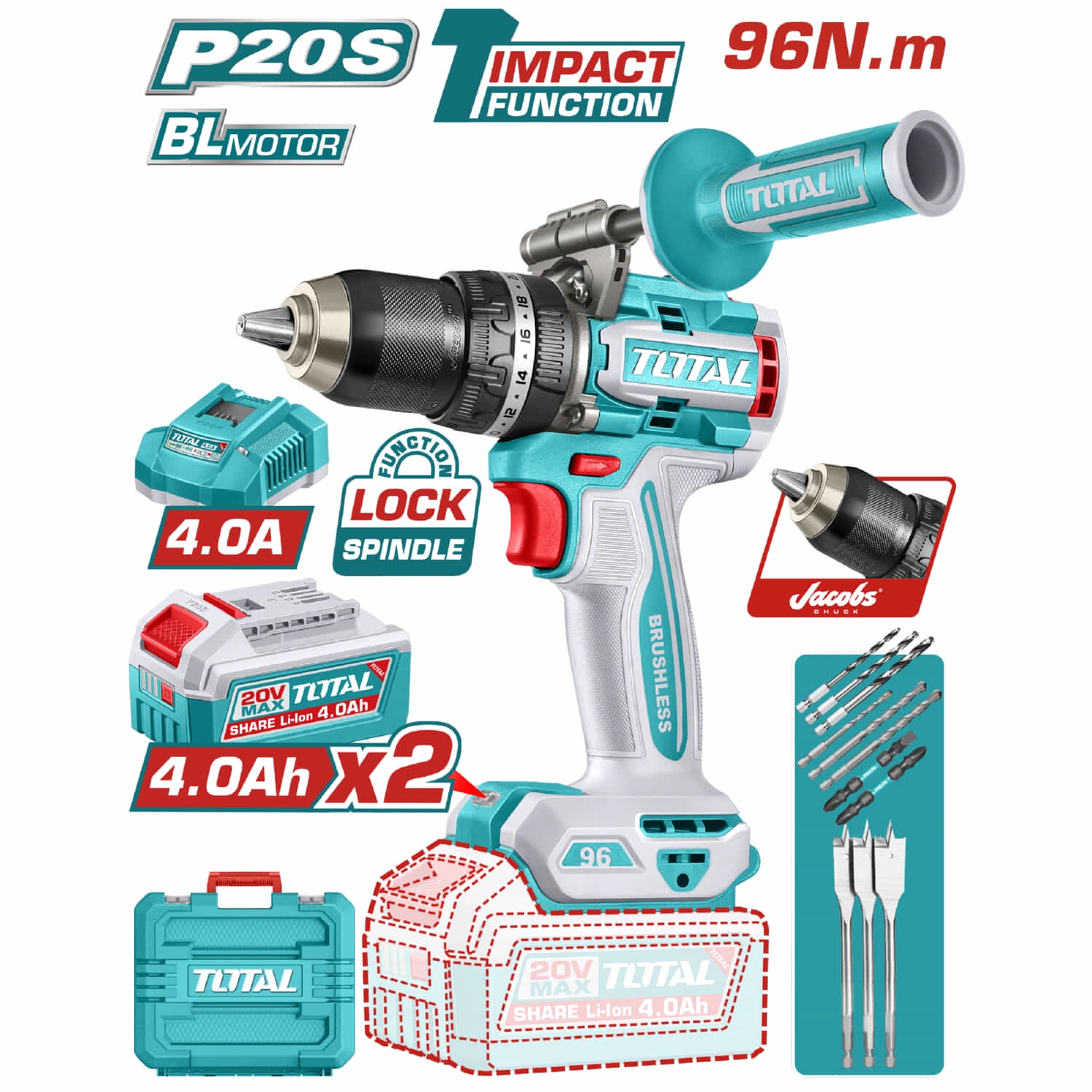 Drill Taladro Percutor 96N.m 20V Función De Impacto.  Mandril Metálico Jacobs. Motor sin escobillas. Incluye Batería, Cargador y accesorios.