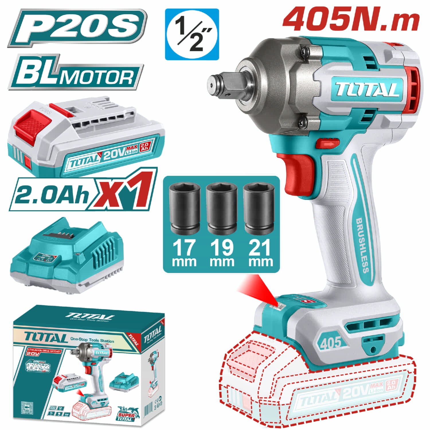 Llave impacto dado cuadrado 1/2" 20V Motor sin escobillas 405Nm 0-3000 bpm 1 batería y 1 cargador.