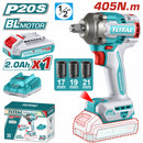 Llave impacto dado cuadrado 1/2" 20V Motor sin escobillas 405Nm 0-3000 bpm 1 batería y 1 cargador.