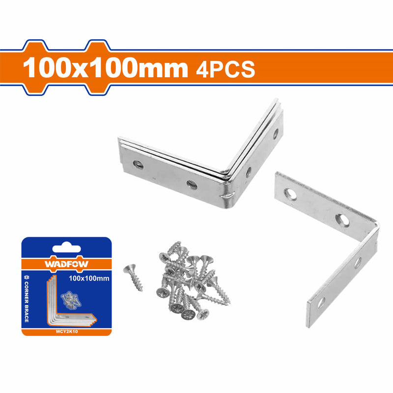 Escuadras de esquina de 90º galvanizadas 100 x 100mm (4 pzs). Incluye sujetadores de 16 piezas. Esquineras