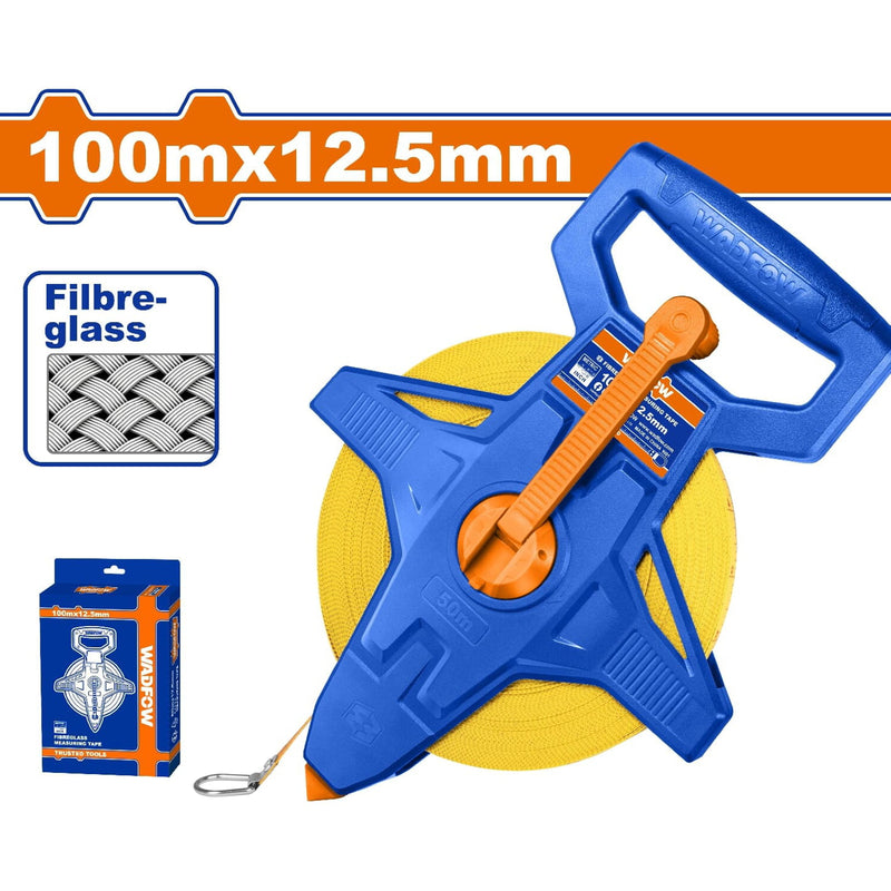 Cinta métrica de Fibra de Vidrio. (Métrico/Pulgada). 100mx12.5mm. Con mango integrado.