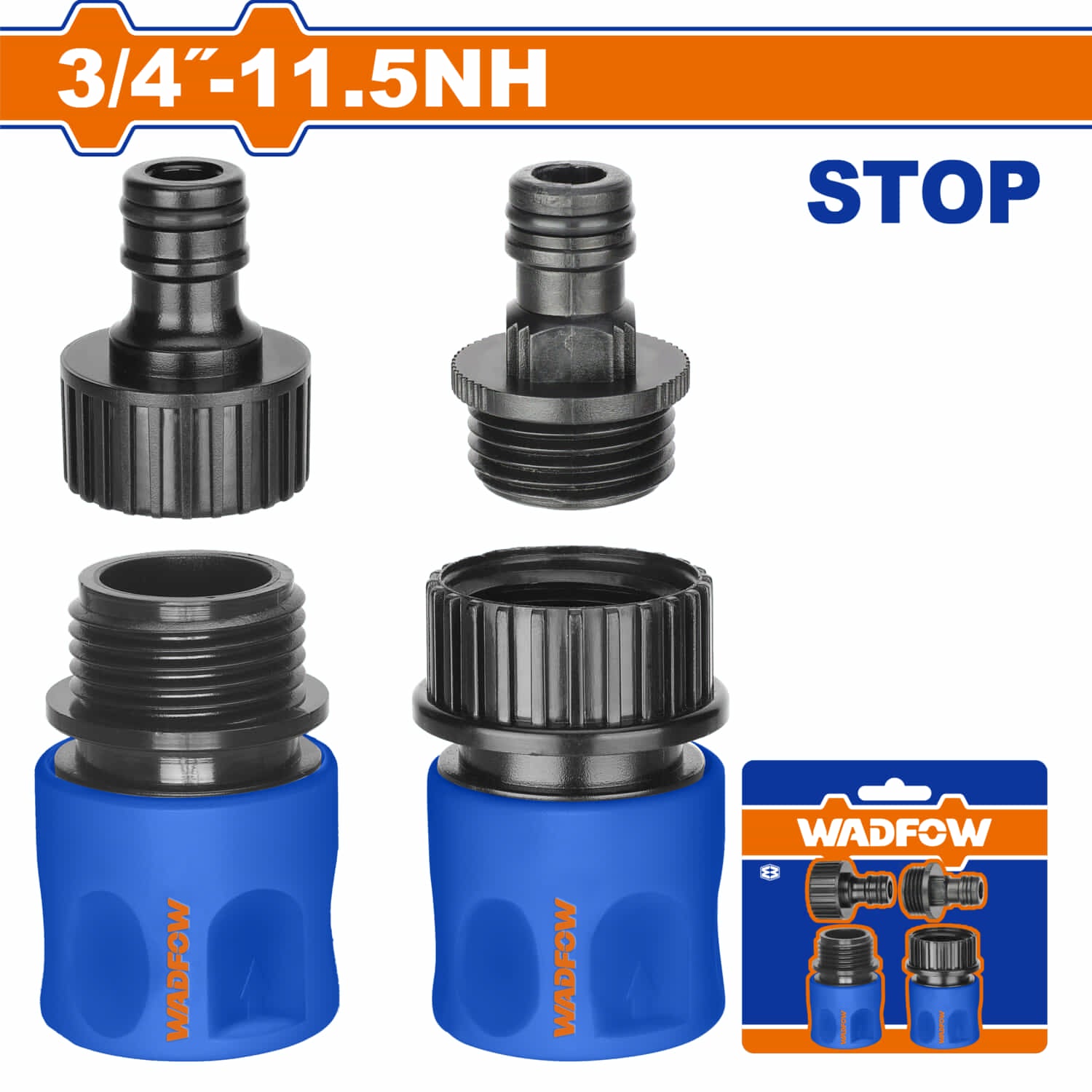 Conectores rápidos para manguera 3/4" con sistema de detención de agua.4 piezas.