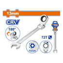 Llave Combinada con Ratchet Flexible  13mm Long 183mm  Giro 180º 72 dientes. Cromada. Tratamiento Térmico.